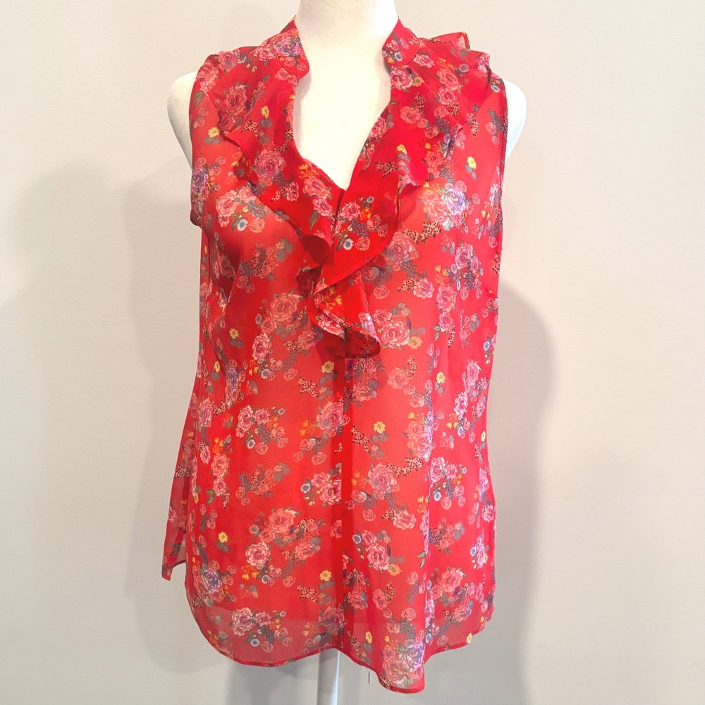 Cabi Womens Top XS Floral Ruffle Sheer Chiffon Cottagecore Romantic Boho 21918